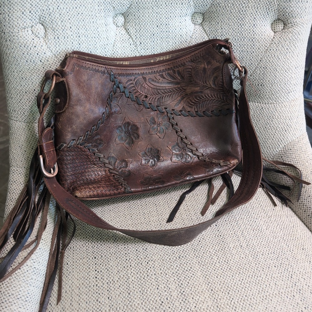 Vintage American West Shoulder Bag Patchwork Tooled Leather Fringe Floral Hobo